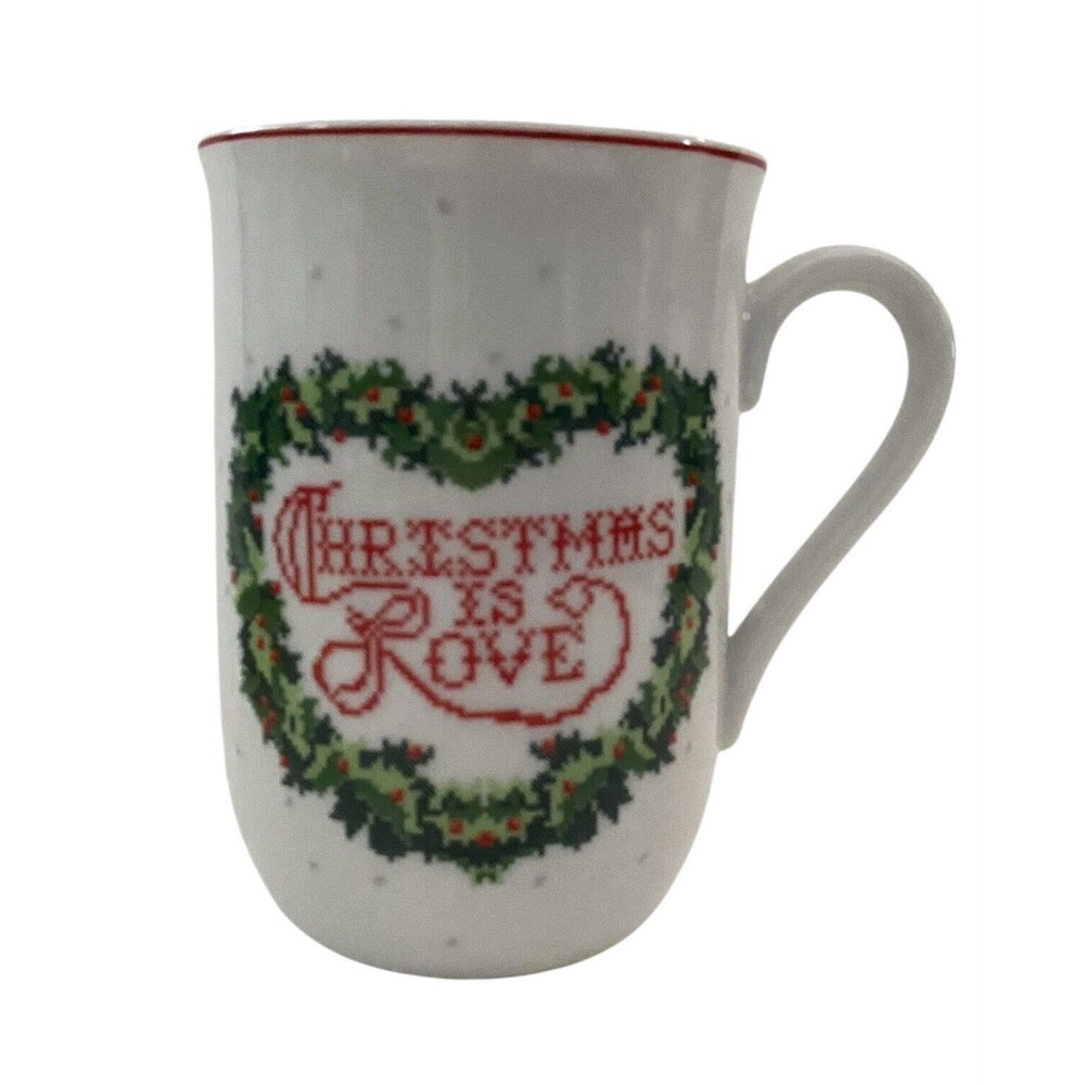 Vintage Norcrest X-146 Coffee Cup White Ceramic Christmas is Love Wreath